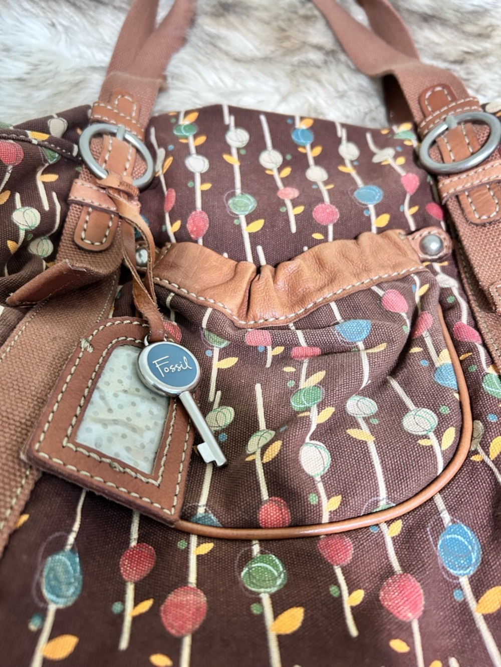 Fossil Brown Canvas Tote with Colorful Dot Stem Print and Green Lined Interior - Picture 3 of 9